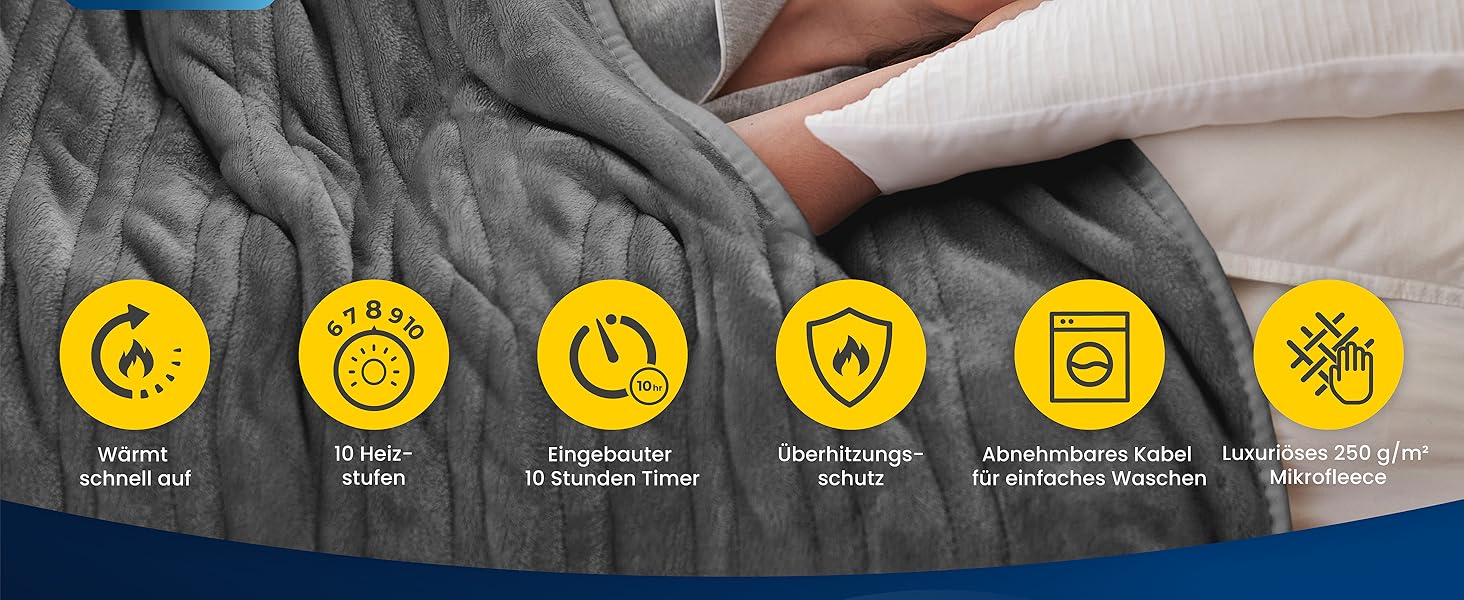 Електрична ковдра Cosi Home 180x130 см з підігрівом, таймером, захистом від перегріву та 10 рівнями нагріву - сіра