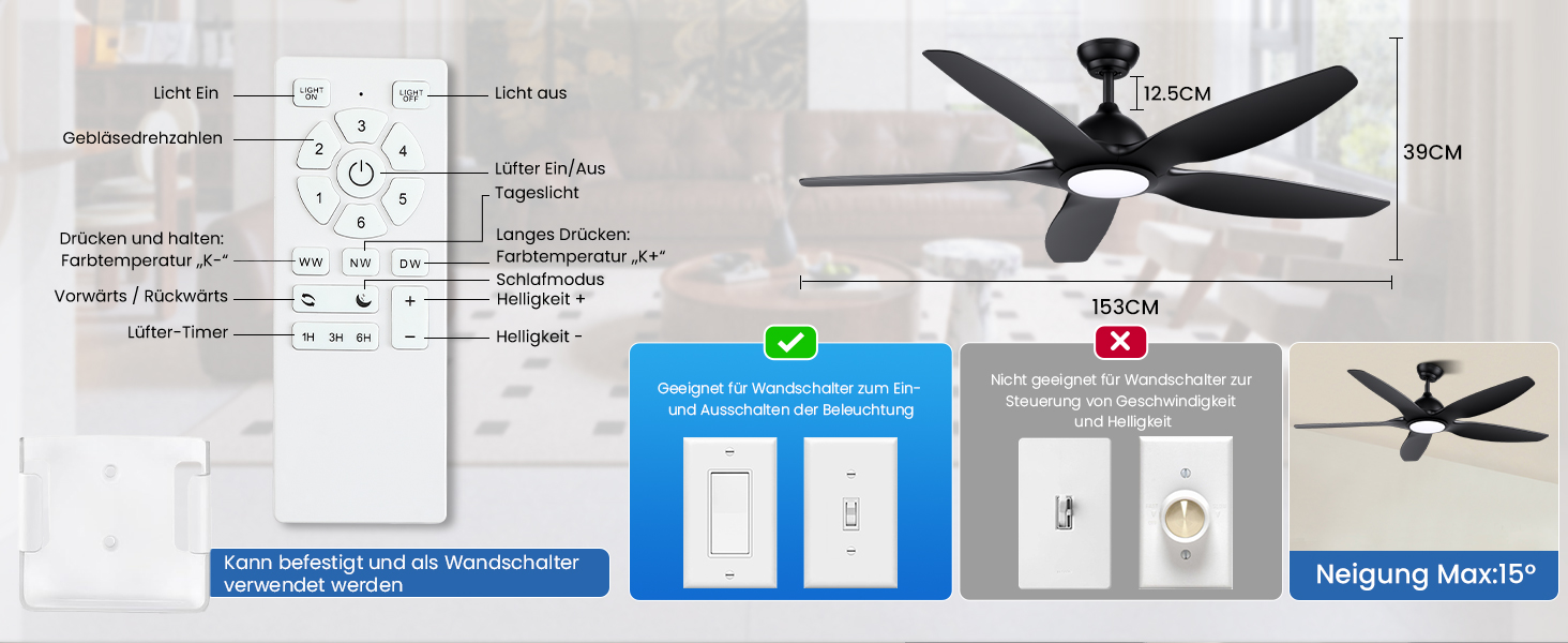 Стеляний вентилятор Newday 153см, чорний з підсвіткою та пультом, 5 лопастей, DC мотор, регулювання швидкості, таймер, для дому
