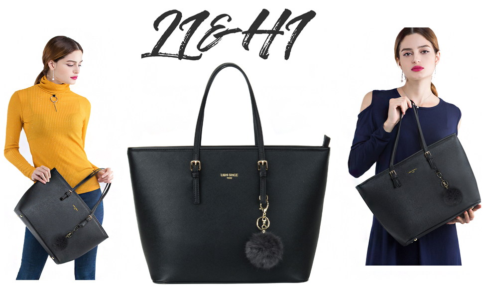 Стильна жіноча сумка-шопер LI&HI для навчання та міста, чорна з помпоном 34x29x15.5 см