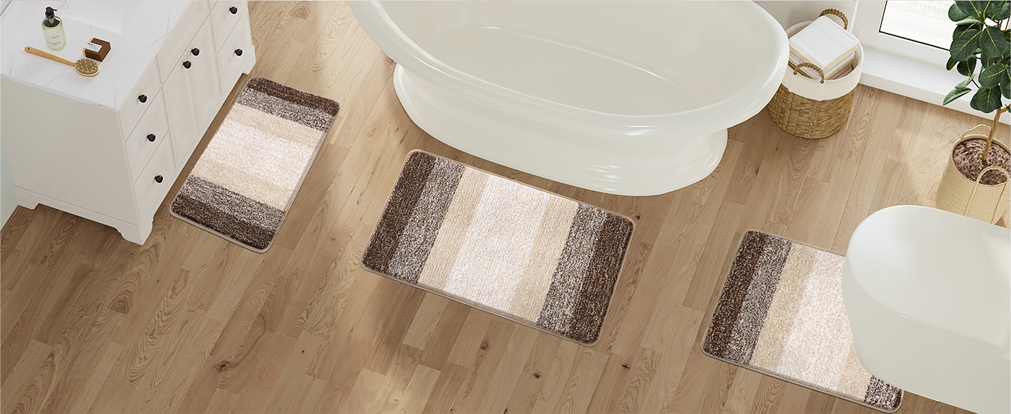 Enyhom 3-Piece Microfiber Bath Mat Set - Non-Slip Bathroom Rugs & Toilet Mat Set (Coffee, 45x65cm, 50x80cm, 50x60cm)