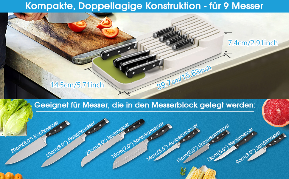 Органайзер для ножів у шухляду двоярусний, на 9 ножів, білий - безпечний та компактний тримач для ножів на кухню