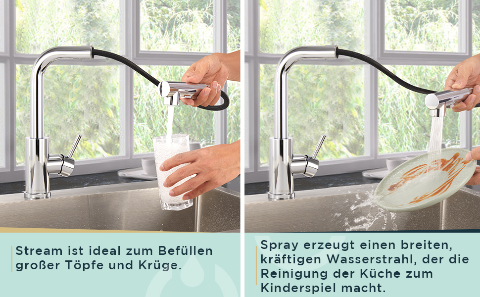 Змішувач для кухні FORIOUS з висувною лійкою та душем, 360° обертання, 2 режими, полірована хром