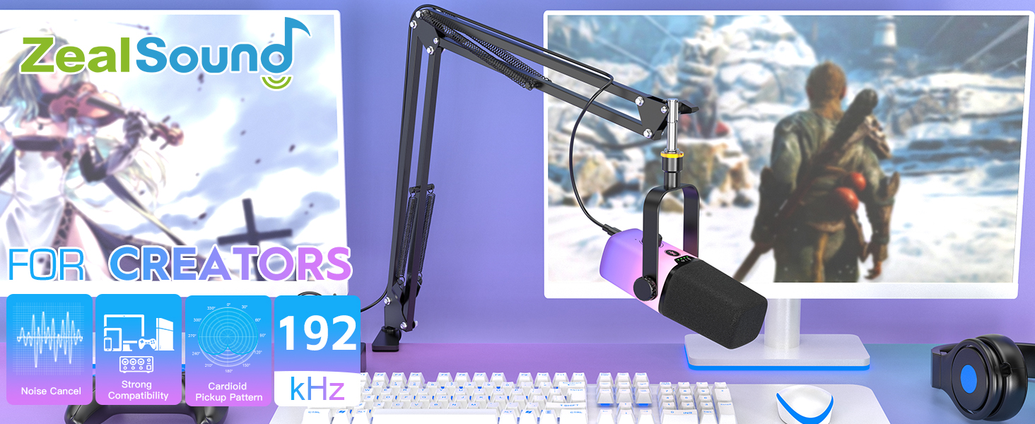 USB-мікрофон Zealsound для ПК з кріпленням – мікрофон конденсаторний 192kHz з шумозаглушенням, кнопкою вимкнення мікрофона та USB-C адаптером для Mac, стрімінгу, подкастів, співу, ASMR, YouTube