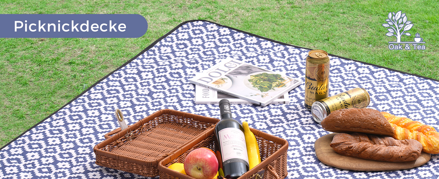 Плед для пікніка Oak & Tea 200x200 см, водонепроникний, ізолюючий, XXL, складаний килимок для пляжу, кемпінгу, вулиці з міцного Оксфорда (синій)