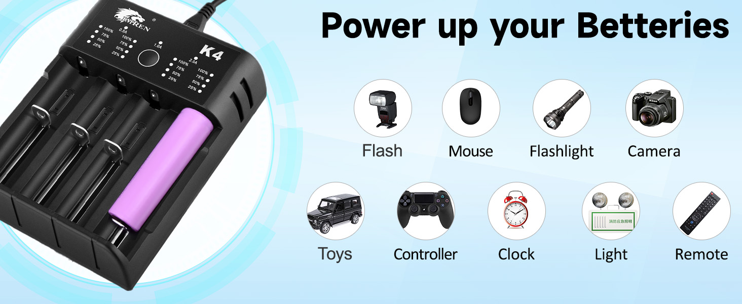 Зарядний пристрій IMREN 18650 з 4 слотами, 2A, USB-C для Li-Ion акумуляторів 18350, 14500, 14650, 17500, 18700, 20700, 21700, 22650, 26650, 1.2V NI-MH/NI-Cd AA AAA C