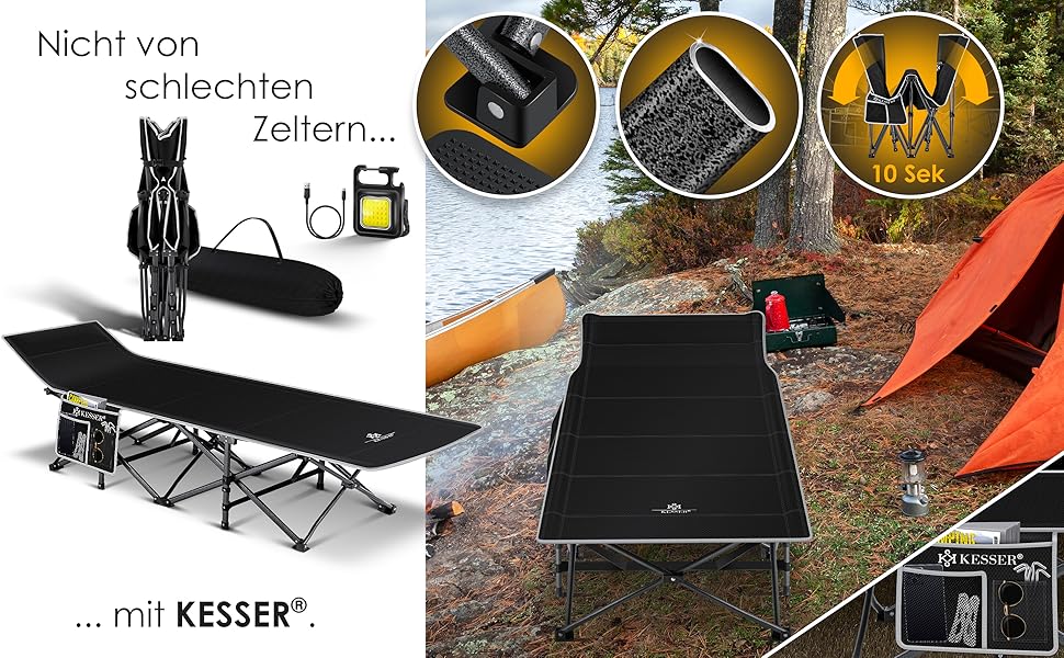 Кемпінгове ліжко KESSER® розкладне, металеве, чорне, 190 см з сумкою та ліхтарем