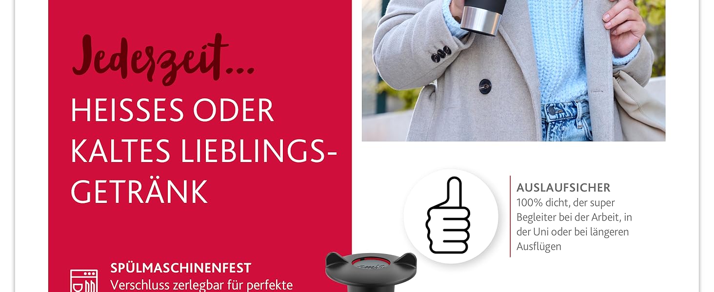 Термокружка Emsa N20220 Travel Mug Classic, 0.5 л, нержавіюча сталь, чорна, з кришкою Comfort-Verschluss, 6 год гаряча, 12 год холодна, 100% герметична, для подорожей