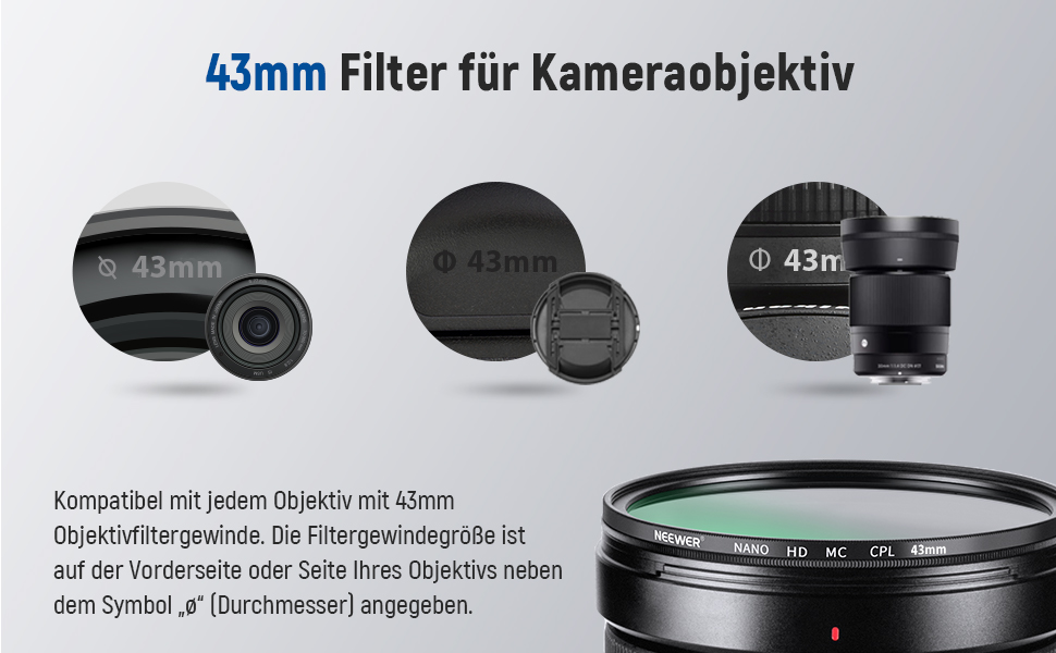 NEEWER 43mm Поляризаційний фільтр CPL з HD склом, 24 шари, Nano MC, для об'єктивів камери, зменшує відблиски та покращує контраст