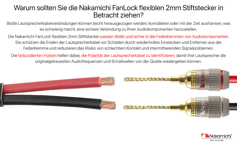 Nakamichi FanLock Excel Serie 24K позолочені бананові штекери 2 мм, 10-18 AWG, 4 мм, для акустичних систем, Hi-Fi аудіокабелів (16 шт - 8 пар)