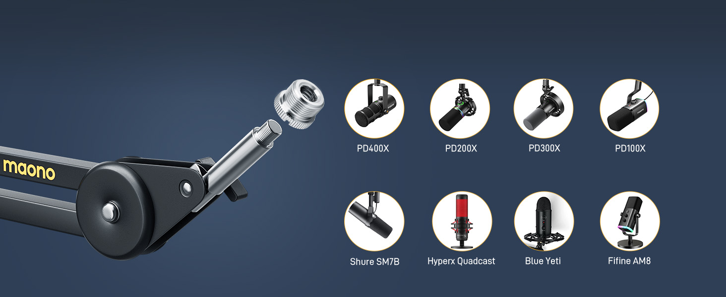 Кріплення для мікрофону MAONO BA37, регульоване, з адаптером 3/8'-5/8', сумісне з Blue Yeti, HyperX QuadCast, FIFINE, для подкастів та стрімінгу, чорне