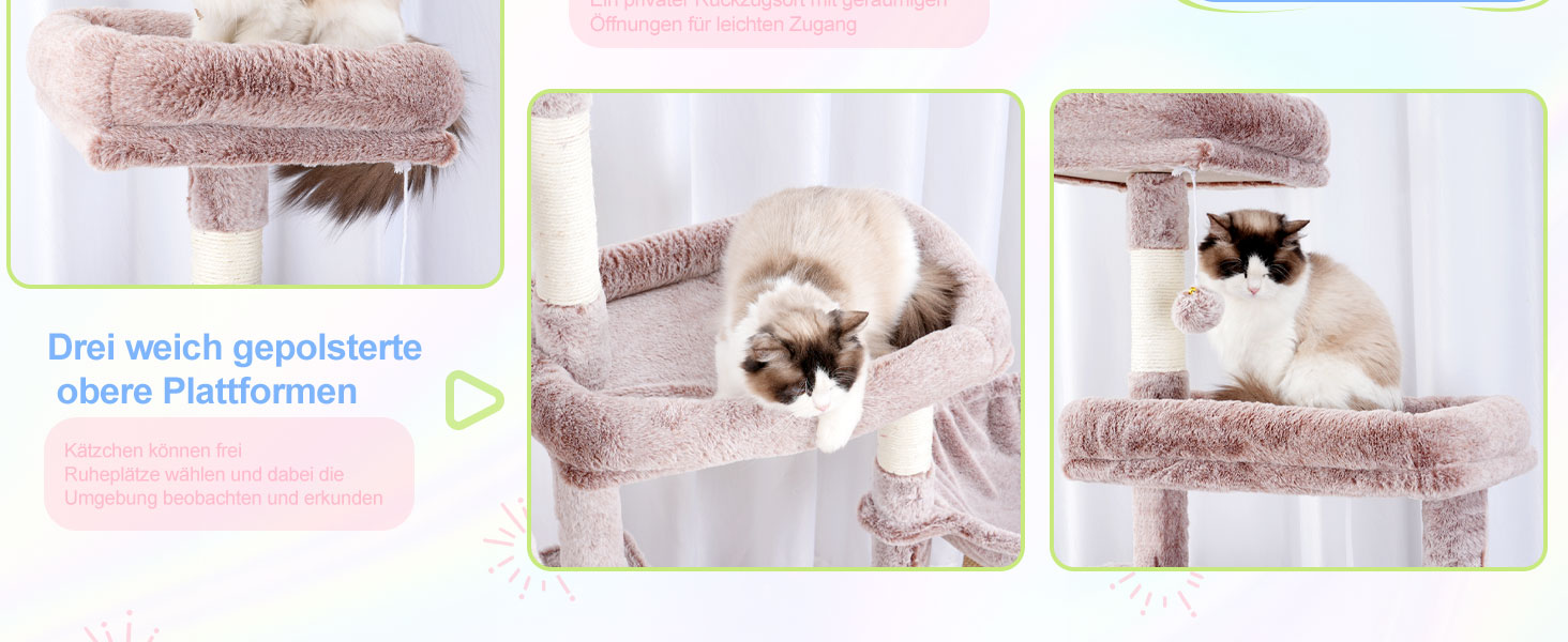 Котячий будиночок Hey-brother XXL для великих котів, 180 см, стабільний, з 3 платформами, 3 ховалами та 2 котячими будиночками, бежевий, EMPJ038MU