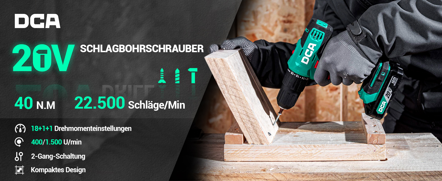 Акумуляторний ударний дриль-шуруповерт DCA 20V, 40 Нм, 13 мм, 22500 уд./хв, 18+1+1, комплект з 14 біт для бетону, металу, дерева