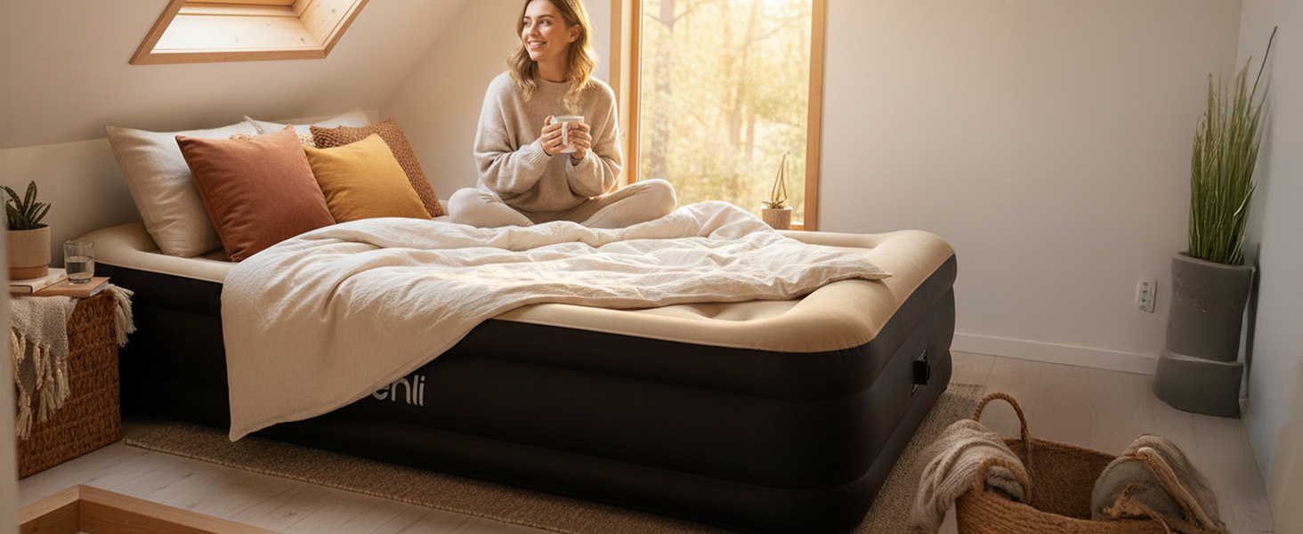 Надувний матрац-ліжко AVENLI для 2 осіб, 203x152x36 см з інтегрованою помпою, флаокова поверхня, для кемпінгу та дому