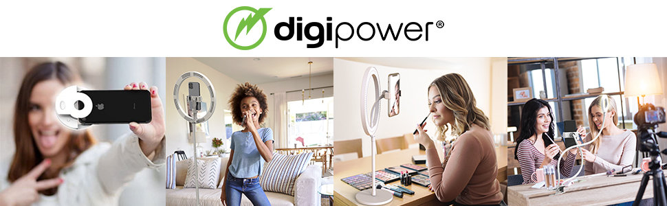 DIGIPOWER 11' кільцева лампа для макіяжу, YouTube, TikTok та Vlogging, регульована висота (58-168 см), 3 режими освітлення, 10 рівнів яскравості, тримач для телефону (iOS/Android), складана