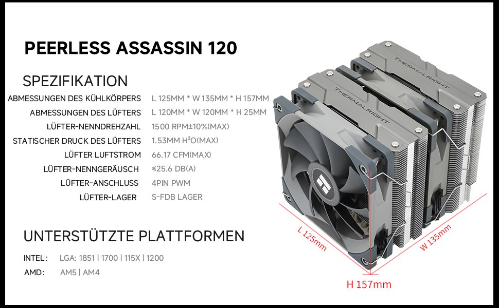 Кулер для процесора Thermalright Peerless Assassin 120 (PA 120), 6 теплових трубок, 2 вентилятори 120мм PWM TL-C12, AGHP, для AMD AM4/AM5, Intel LGA 1700/1200/115x/2011