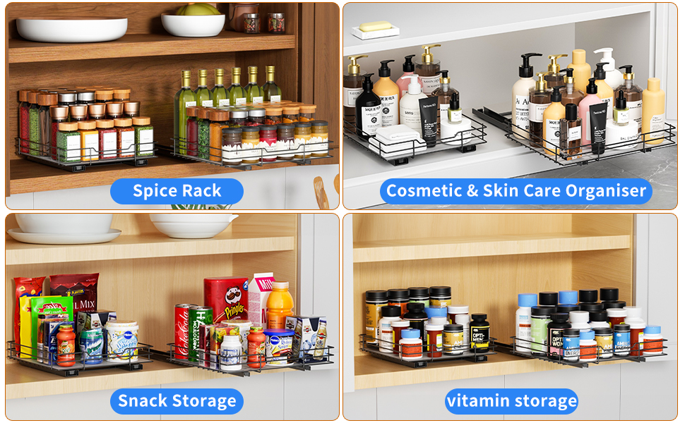 Висувна полиця для спецій у шафу, 2 яруси, регульована висота, чорний колір, органайзер для спецій, органайзер для кухні (22.2 x 26.4 x 5.6 см)