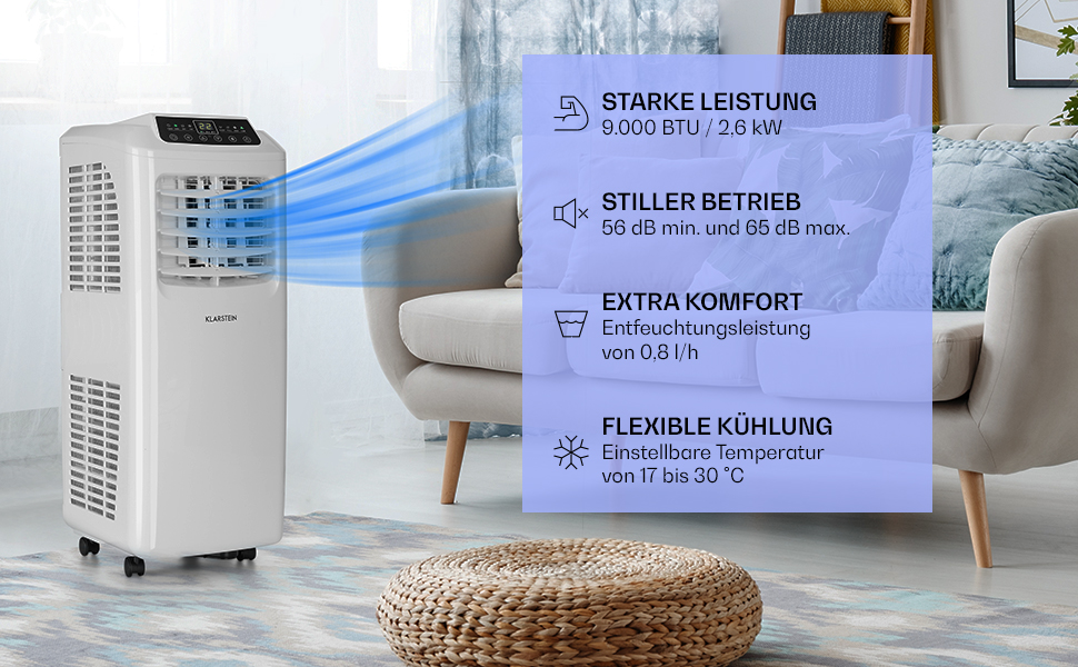 Klarstein Mobile Klimaanlage: 3-в-1 кондиціонер, вентилятор та осушувач повітря. Компактний, портативний, для дому та офісу. Білий, 9000 BTU