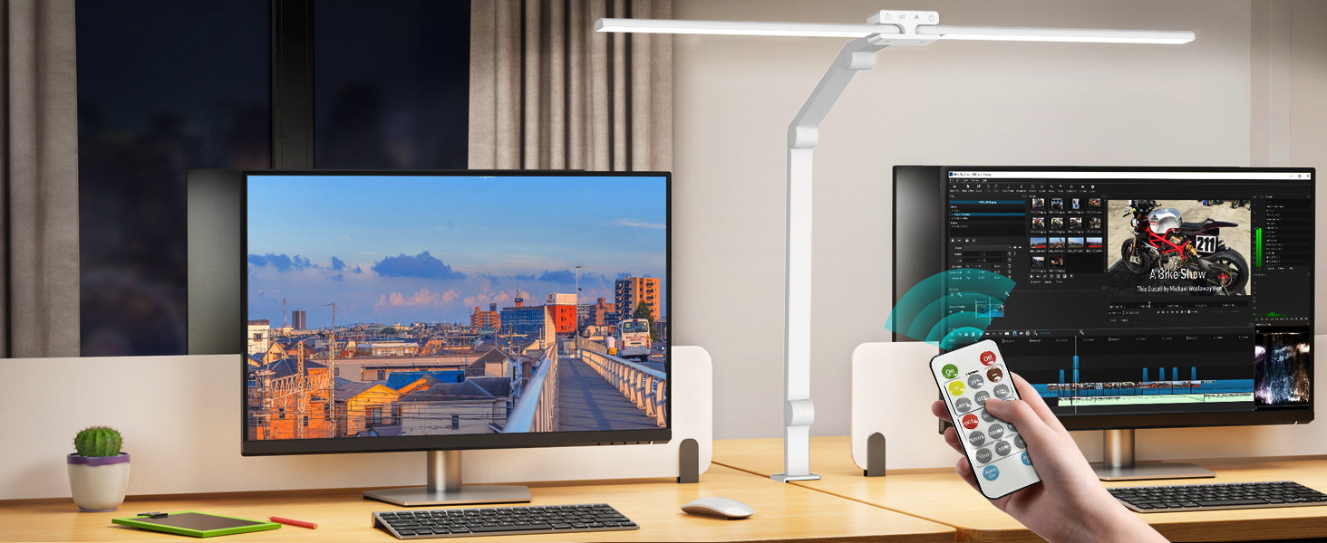 LED лампа настільна KableRika з двома головками, регульована яскравість, 24W, з пульт дистанційного керування, захист очей, для офісу та дому, денне світло, лампа для монітора (біла)