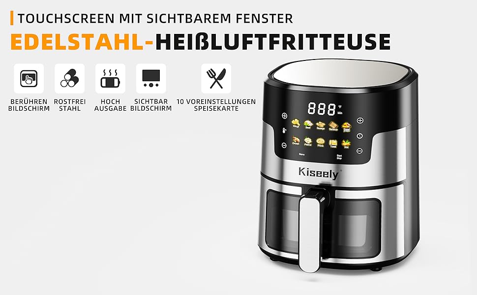 Електрична фритюрниця без олії, 6 літрів, з сенсорним скляним дисплеєм, 10-в-1, нержавіюча сталь, автоматичне відключення, регулювання температури, для смаження, випікання, грилю та підтримання тепла (ZL3)