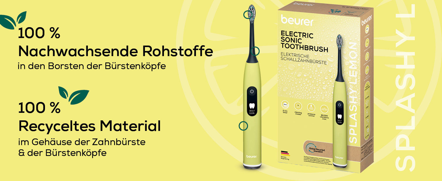 Beurer SC 50 Електрична звукова зубна щітка з 5 режимами чищення, датчиком тиску та дисплеєм (Splashy Lemon)