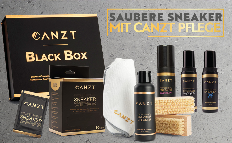 Преміум набір для чищення кросівок Canzt Black Box – для замші, нубуку, шкіри та текстилю, з засобом для взуття, серветкою, щітками, вологими серветками та дезодорантом