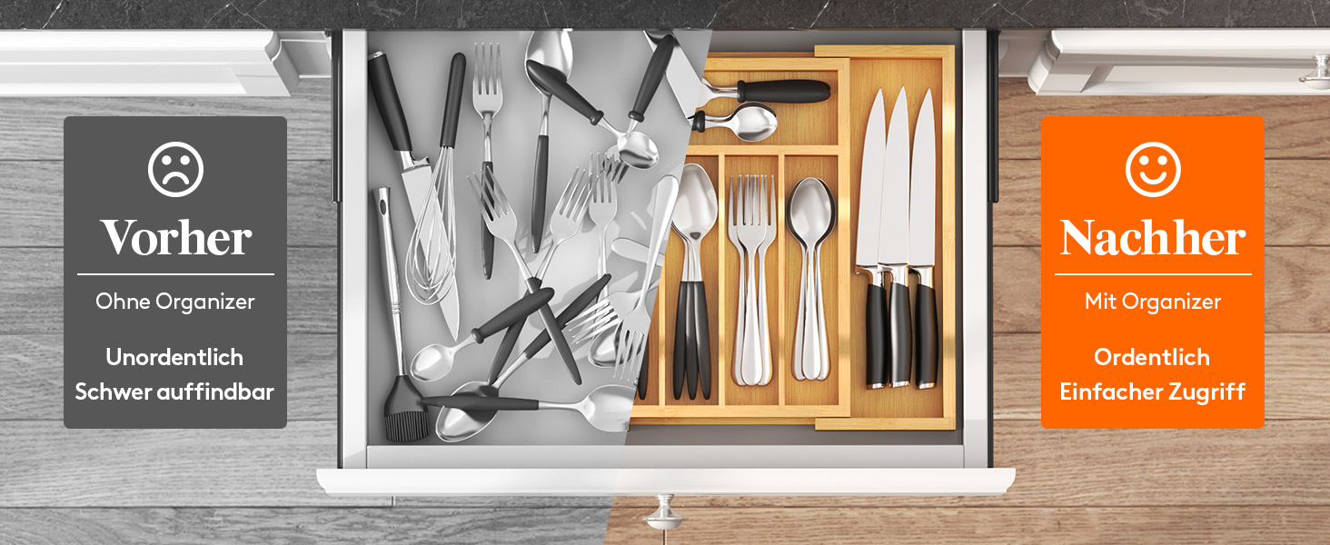 Органайзер для столових приборів Lifewit для шухляд 43 см, дерев'яний, для кухні (24-40 см)