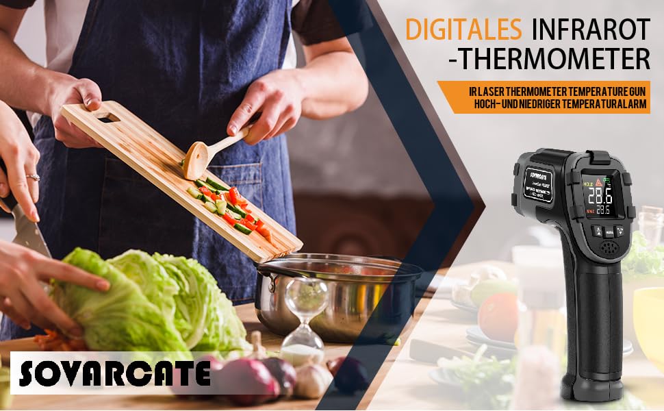 Інфрачервоний термометр SOVARCATE: точний безконтактний вимірювач температури -32°C до 600°C, регулювання коефіцієнта випромінювання, функція тривоги, LCD дисплей, лазерний цілик