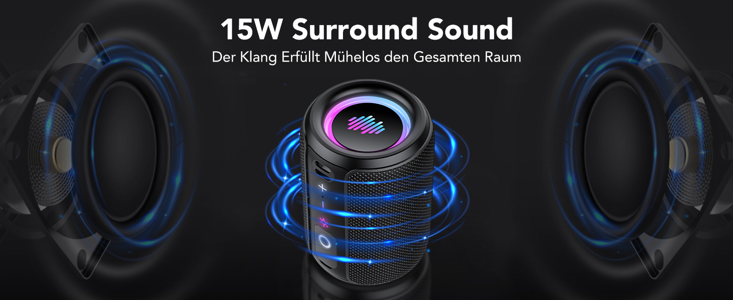 Bluetooth колонка 15W, портативна, водонепроникна IPX7, з TWS стерео, 12 год автономії, чорна – для спорту, вечірок, подорожей