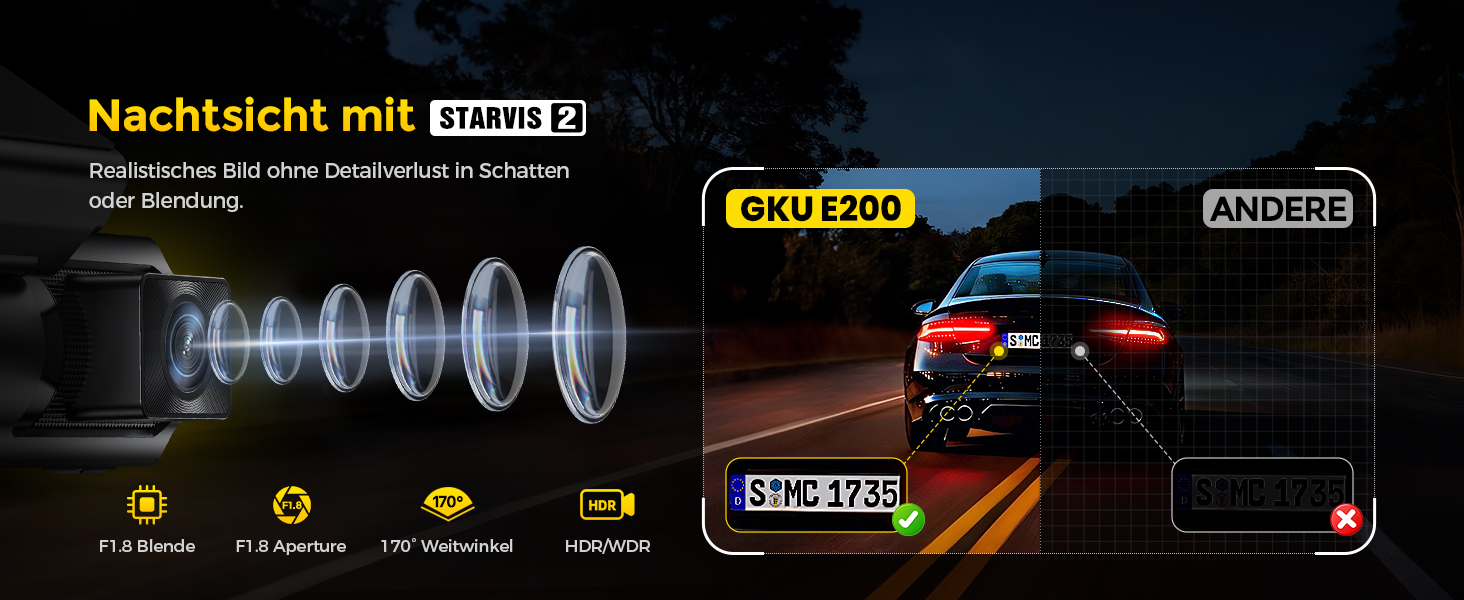 Автомобільний відеореєстратор GKU 4K+4K передній та задній, сенсор STARVIS 2, HDR нічна зйомка (Deep Black)