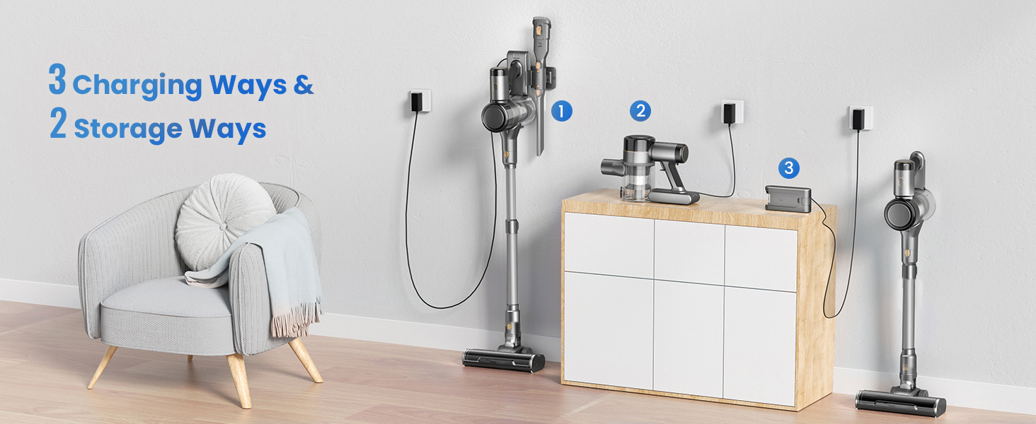 Акумуляторний пилосос Dzaki 45KPa бездротовий без мішка з дисплеєм, антизаплутана щітка, час роботи 55 хв, знімний акумулятор, для твердих поверхонь, шерсті тварин, килимів, авто (Золотистий сірий)