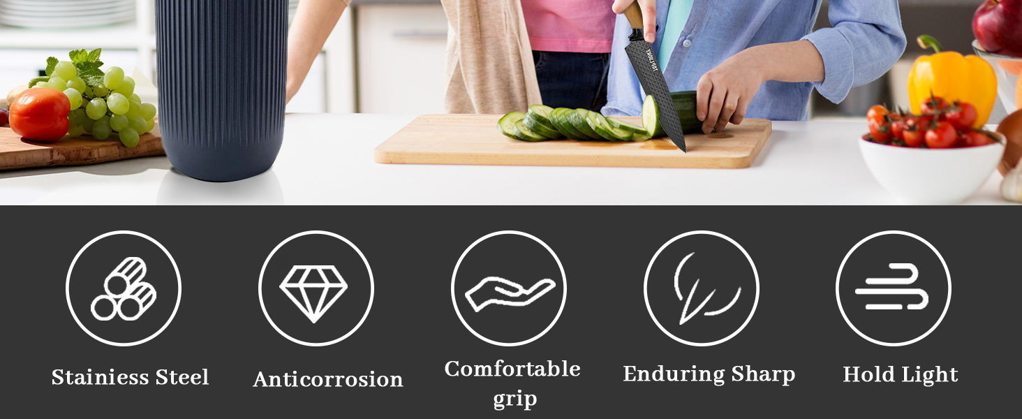 Набір кухонних ножів, 6 предметів, чорний, гострий, з антипригарним покриттям, нержавіюча сталь, з підставкою для ножів (чорний)