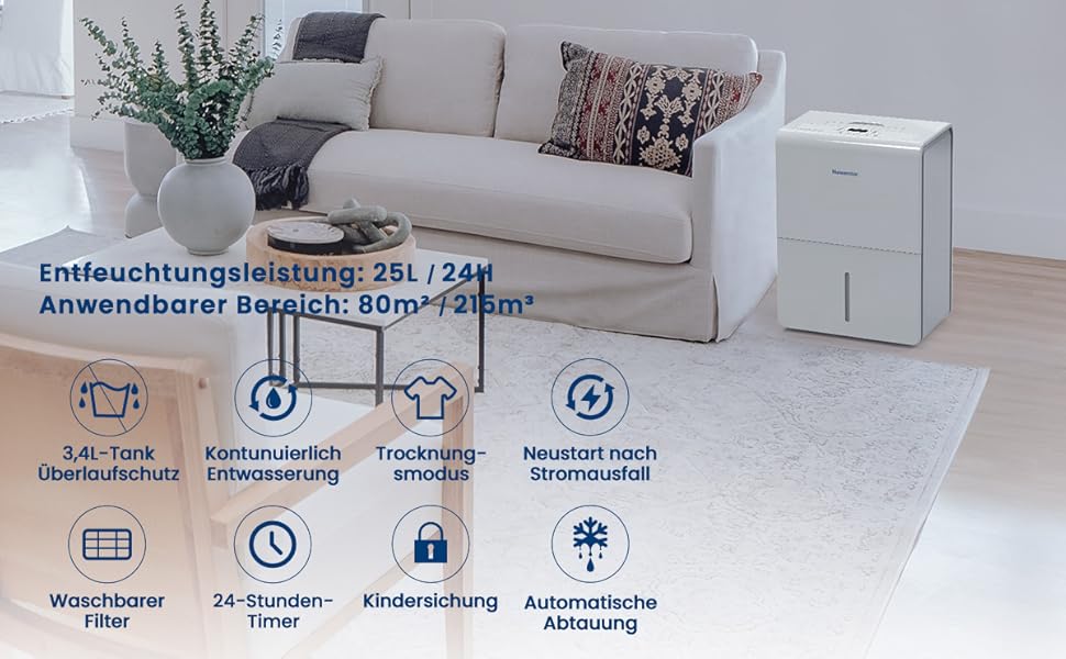 Newentor Вологопоглинач повітря 25л/24г, для приміщень 215м³/80м² - Тиха робота, Економний чіп, Зручне керування, 10 років гарантії, з 1м шлангом та знімним фільтром, таймер