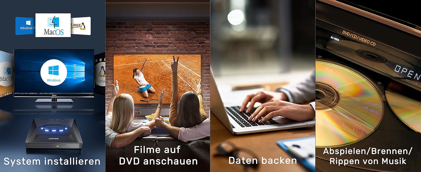 Зовнішній CD/DVD привід UNITEK USB-C/USB 3.0 з картридером SD та USB-хабом, портативний DVD-плеєр та записувач CD-ROM для ноутбука, ПК, Windows, Linux, macOS, чорний