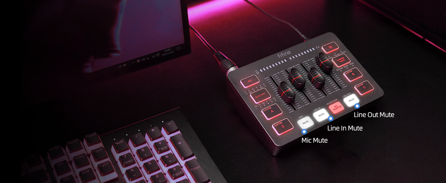 FIFINE ігровий аудіомікшер для ПК, RGB звукова карта для XLR мікрофона, аудіоінтерфейс для стрімінгу та музикантів, мікшерний пульт для геймерів і креаторів, індивідуальне керування, зміна голосу, чорний
