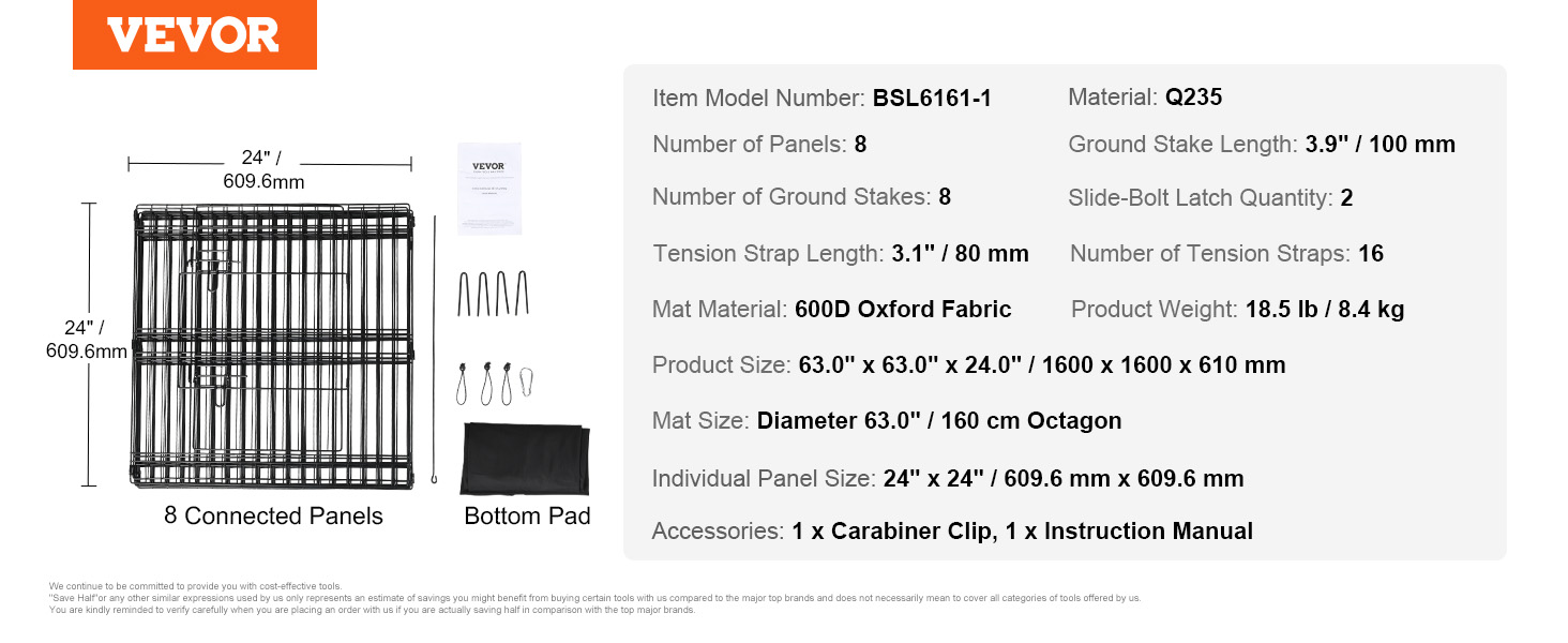 Лягуватка для цуценят VEVOR 61 см, 8 панелей з килимком та покриттям з оксфорду 600D, водонепроникна, миється, для собак, складна, металева, з верхньою кришкою та підстилкою