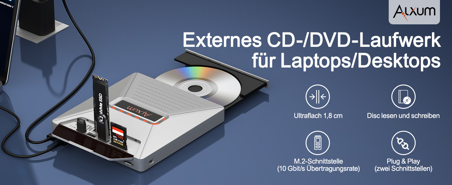 Зовнішній DVD-привід Alxum USB-C 3.0 та USB: CD/DVD плеєр і записувач для ноутбука з картридером SD/TF та додатковим USB-портом, Plug & Play, чорний