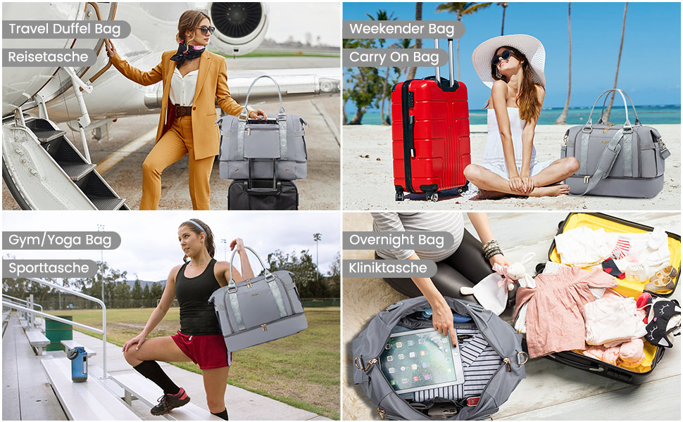 Спортивна сумка LOVEVOOK для подорожей, жіноча дорожня сумка-мішок, Weekender з косметичкою, відділенням для взуття та мокрих речей, водонепроникна, 37L, сіра