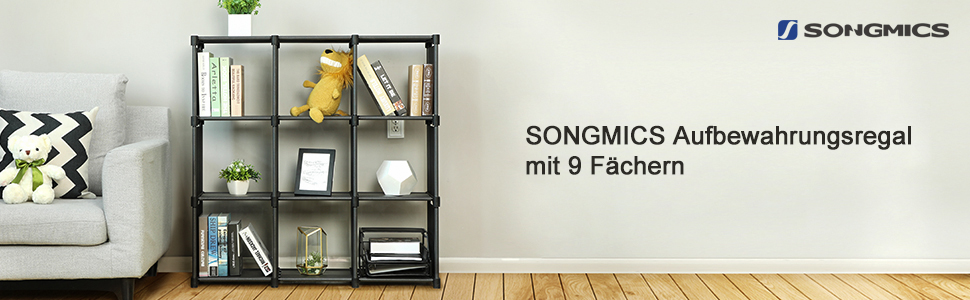 Стелаж SONGMICS з 9 відділеннями, відкритий органайзер для зберігання, книжкова шафа для вітальні, чорний LSN45BK