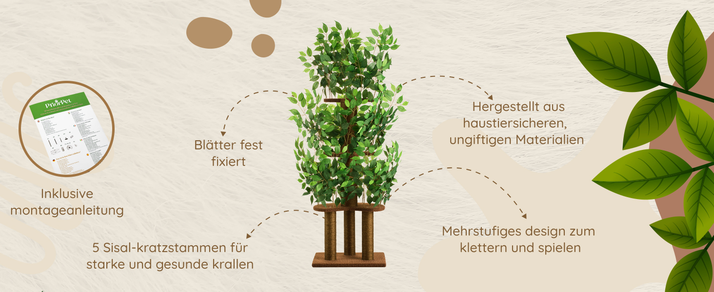 Дерево для котів з листям – Стабільний та компактний – 4 поверхні для дряпання та 3 стовпчики – Ідеально для лазіння, ховання та сну – Легка збірка – Безпечний та довговічний cat tree з натуральних матеріалів
