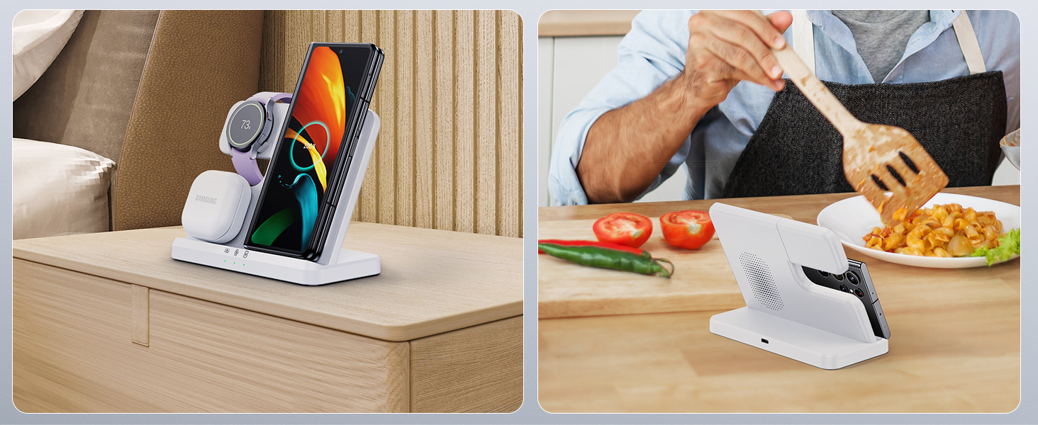 Зарядна станція Induktive 3-в-1 для Samsung Galaxy: Watch, Buds, смартфони (S26 Ultra - S22, Z Flip, Z Fold) - Без адаптера, білий