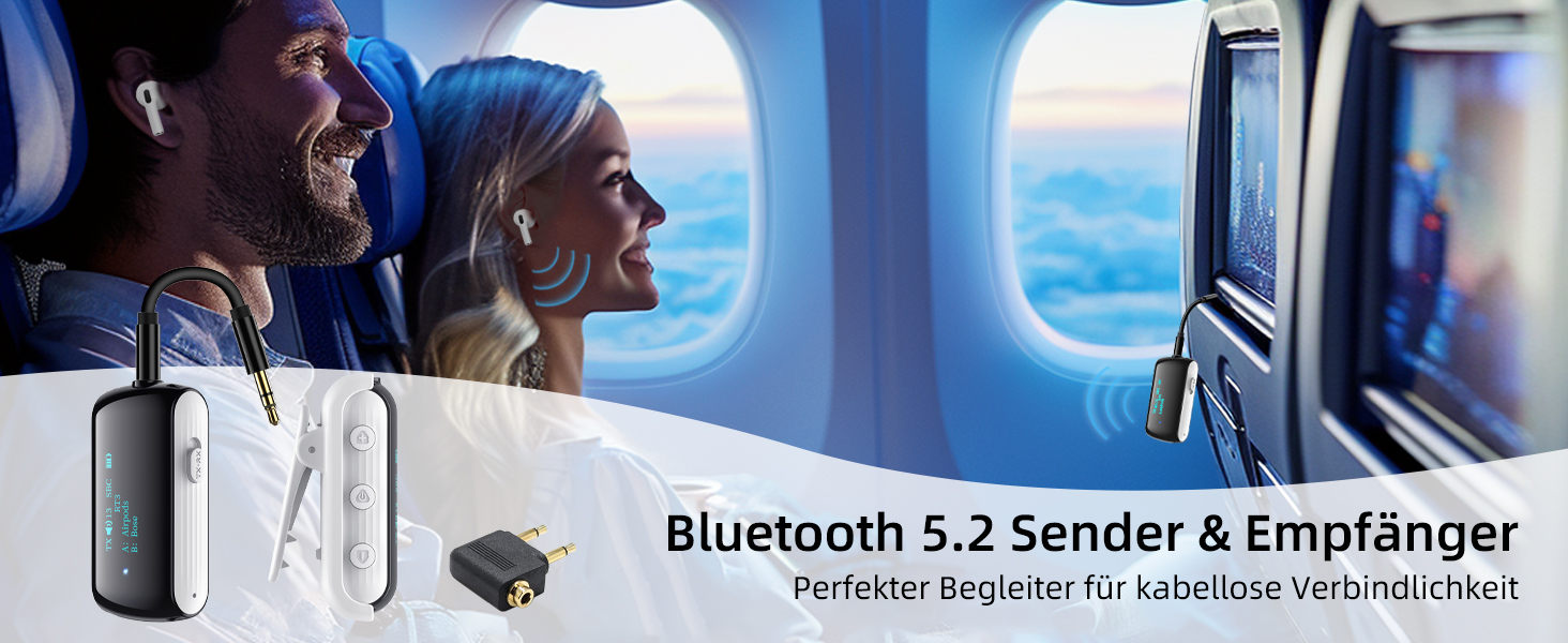 Bluetooth 5.2 адаптер для літака, передавач для 2 навушників AirPods та бездротових гарнітур (Білий)