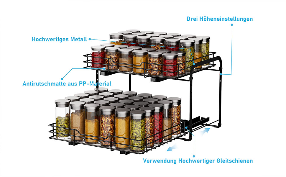 Pull-out Spice Rack, Cabinet Organizer for Kitchen, 2-Tier Spice Storage, Upper and lower baskets can be pulled out independently, Height adjustable for most kitchen cabinets
