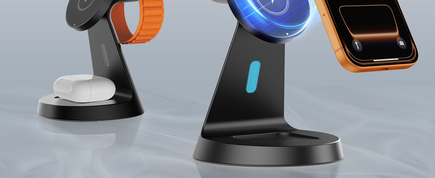 Зарядна станція JoyGeek 3-в-1 для Apple Watch, iPhone (MagSafe) та AirPods. Бездротовий зарядний пристрій для швидкої зарядки iPhone 12-15, iWatch Series 2-Ultra/SE, Airpods 2-4. Чорний.