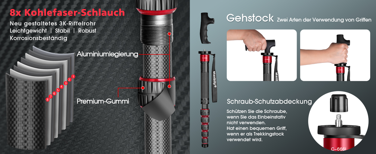 Монопод Manbily 32мм з карбону для камери: 44-174см, 6 секцій, до 15кг, з кліпсою для телефону, червоний