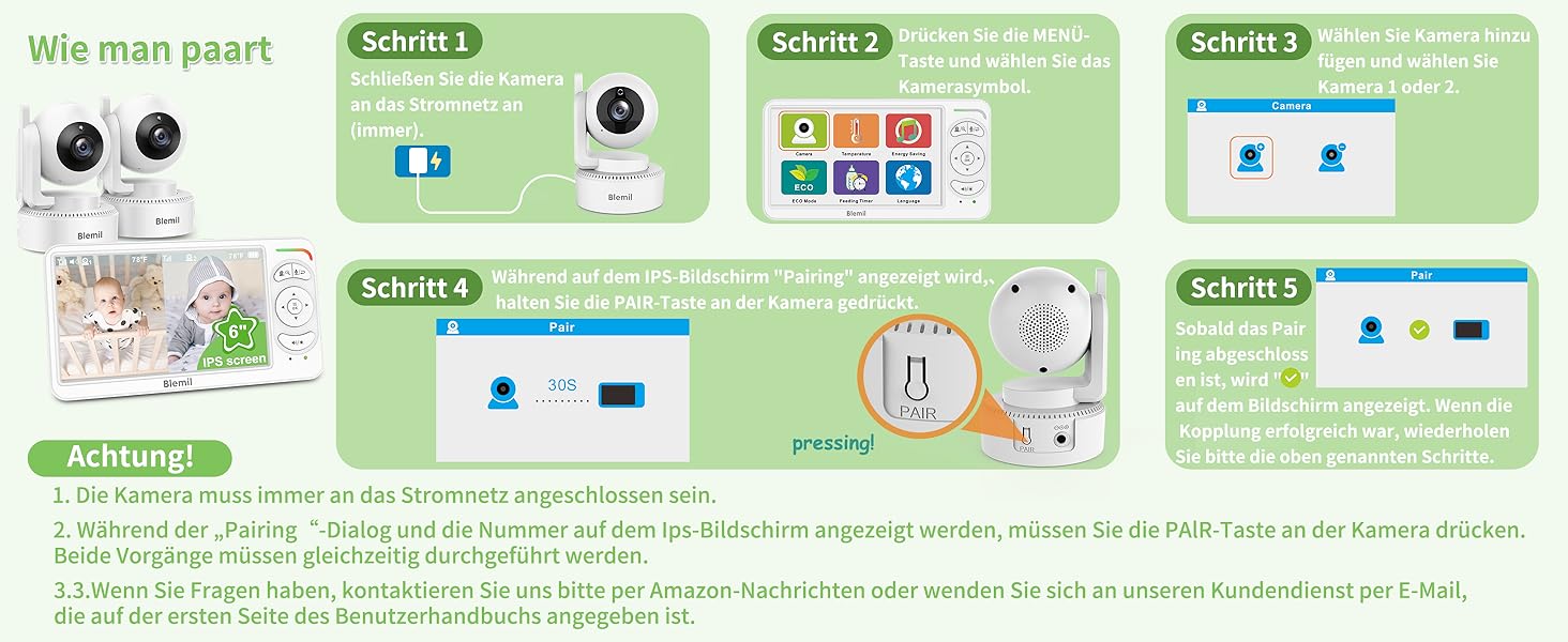 Відеоняня Blemil BL9064-2 з камерою, 6-дюймовий IPS дисплей, акумулятор 4000 mAh, ECO-режим, авто-нічне бачення, 2-сторонній аудіо, радіус дії 300 м, виявлення плачу