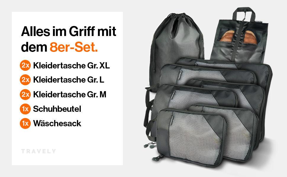 Набір органайзерів для подорожей TRAVELY: 8 шт. (включно з чохлом для взуття та мішком для білизни) - куби для пакування з компресією. Організація валізи або рюкзака. Чохли для подорожей, мішки для пакування, компресійні мішки. Чорний, 8 шт.