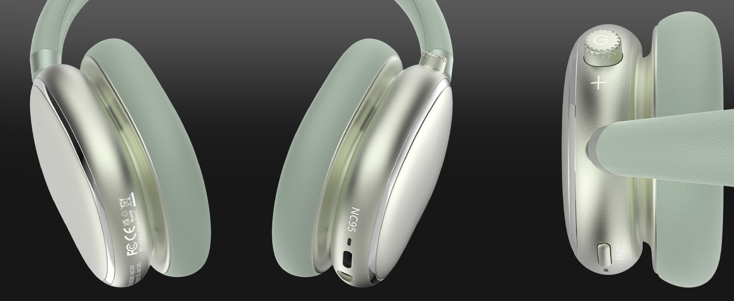 Навушники бездротові Bluetooth 6.0 NC95 з шумозаглушенням, поворотним регулятором, 120+ годин роботи, EQ налаштування через додаток, зелені для подорожей та спорту