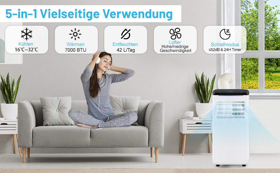 Мобільний кондиціонер COSTWAY 9000 BTU з витяжним шлангом: 4-в-1 (охолодження, вентилятор, обігрів, осушувач), з режимом сну, таймером 24 години, пультом дистанційного керування