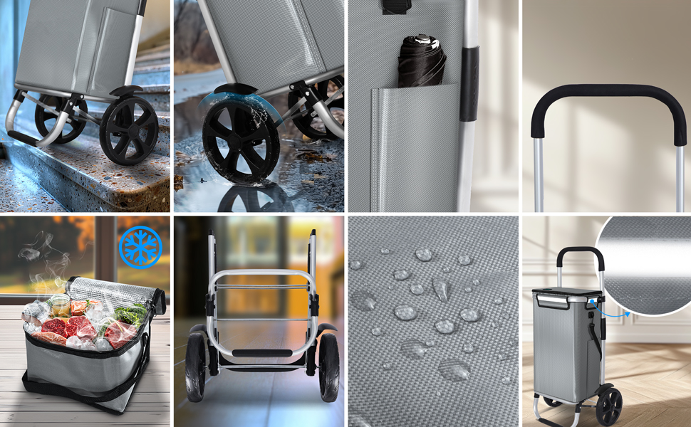 Складний алюмінієвий візок для покупок VOUNOT 50 л, водонепроникна сумка з термовідділенням, 2 великі колеса з захистом, для сходів, сірий