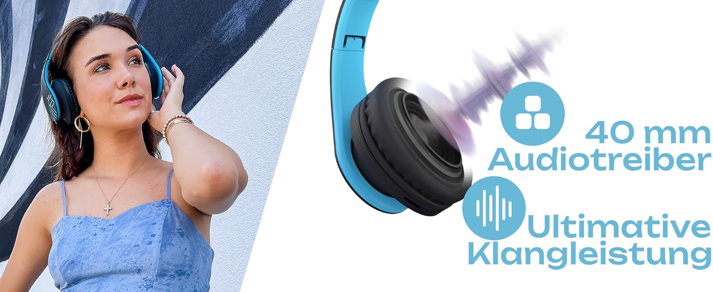 Бездротові навушники PowerLocus Over-Ear з Bluetooth, мікрофоном, складна конструкція, м'які амбушюри, Hi-Fi стерео звук, бас, для дітей та дорослих, TV/PC/Home Office (Чорний/Синій)